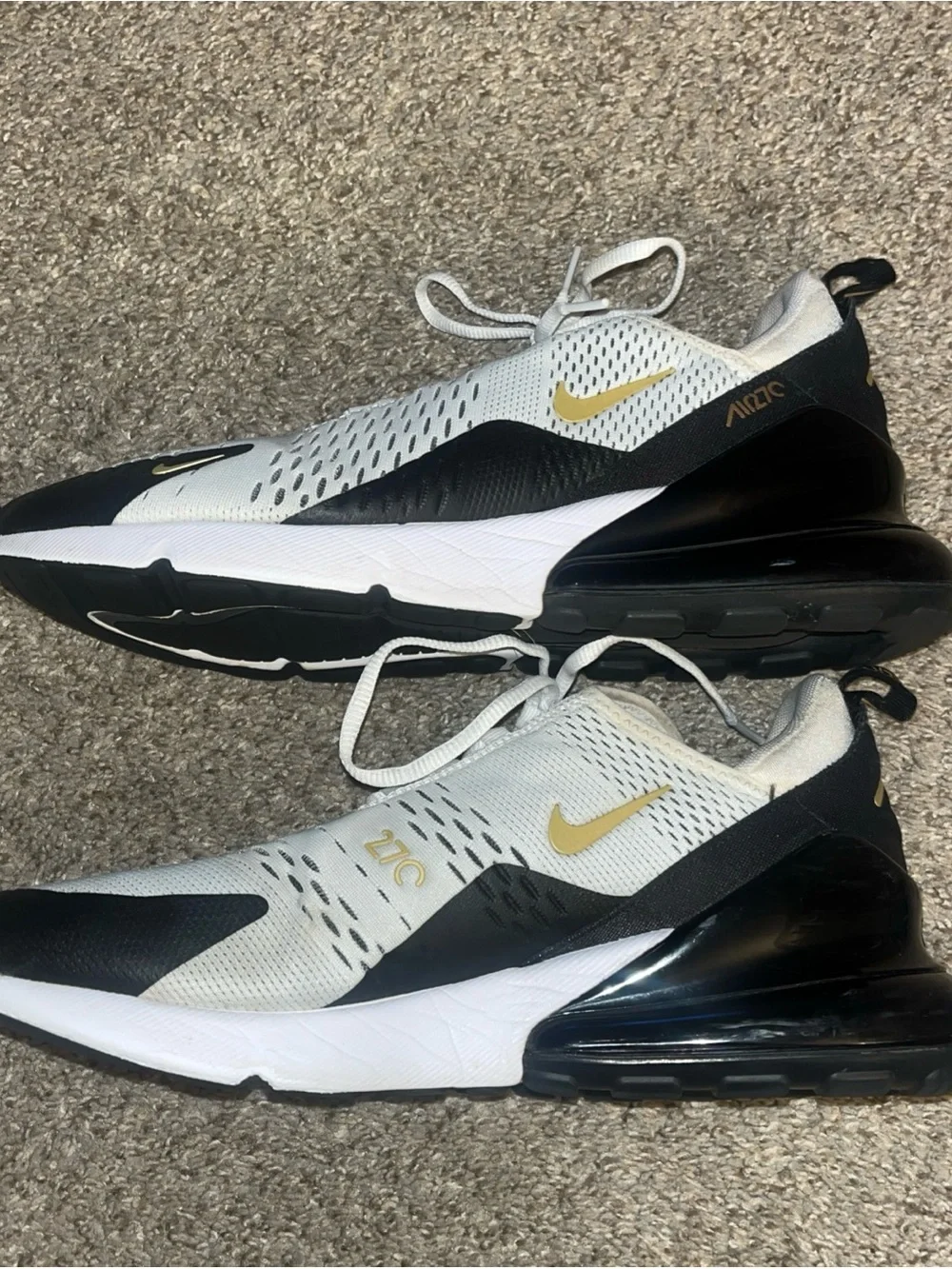 Nike Air Max 270 White Metallic Gold Black Mens 10.5 Shoes AV7892-100 Very Clean